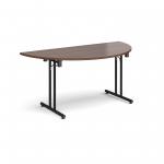 Semi circular folding leg table with black legs and straight foot rails 1600mm x 800mm - walnut