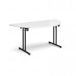 Semi circular folding leg table with black legs and straight foot rails 1600mm x 800mm - white