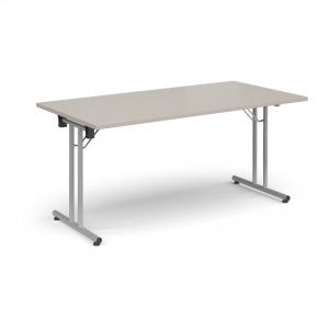 Rectangular folding leg table with silver legs and straight foot rails