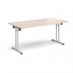 Rectangular folding leg table with silver legs and straight foot rails 1600mm x 800mm - maple