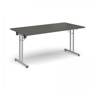 Rectangular folding leg table with silver legs and straight foot rails