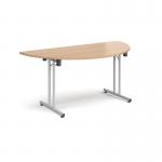 Semi circular folding leg table with silver legs and straight foot rails 1600mm x 800mm - beech SFL1600S-S-B