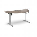Semi circular folding leg table with silver legs and straight foot rails 1600mm x 800mm - Barcelona Walnut SFL1600S-S-BW