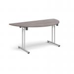 Semi circular folding leg table with silver legs and straight foot rails 1600mm x 800mm - grey oak SFL1600S-S-GO