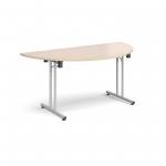 Semi circular folding leg table with silver legs and straight foot rails 1600mm x 800mm - maple