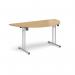 The photograph shows a sleek and modern semi-circular folding leg table with silver legs and straight foot rails. The table measures 1600mm x 800mm and features a beautiful oak finish.