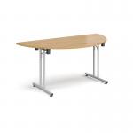 Semi circular folding leg table with silver legs and straight foot rails 1600mm x 800mm - oak