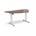 Semi circular folding leg table with silver legs and straight foot rails 1600mm x 800mm - walnut