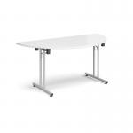 Semi circular folding leg table with silver legs and straight foot rails 1600mm x 800mm - white SFL1600S-S-WH
