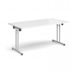 Rectangular folding leg table with silver legs and straight foot rails 1600mm x 800mm - white