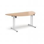 Semi circular folding leg table with white legs and straight foot rails 1600mm x 800mm - beech