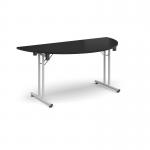 Semi circular folding leg table with white legs and straight foot rails 1600mm x 800mm - Black SFL1600S-WH-BK