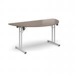 Semi circular folding leg table with white legs and straight foot rails 1600mm x 800mm - Barcelona Walnut SFL1600S-WH-BW