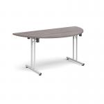 Semi circular folding leg table with white legs and straight foot rails 1600mm x 800mm - grey oak SFL1600S-WH-GO