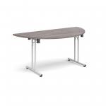 Semi circular folding leg table with white legs and straight foot rails 1600mm x 800mm - grey oak SFL1600S-WH-GO