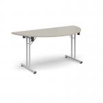 Semi circular folding leg table with white legs and straight foot rails 1600mm x 800mm - Light Grey SFL1600S-WH-LG