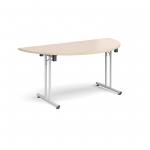 Semi circular folding leg table with white legs and straight foot rails 1600mm x 800mm - maple