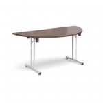Semi circular folding leg table with white legs and straight foot rails 1600mm x 800mm - walnut SFL1600S-WH-W