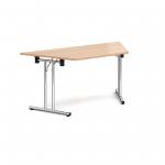 Trapezoidal folding leg table with chrome legs and straight foot rails 1600mm x 800mm - beech