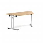 Trapezoidal folding leg table with chrome legs and straight foot rails 1600mm x 800mm - oak