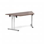 Trapezoidal folding leg table with chrome legs and straight foot rails 1600mm x 800mm - walnut