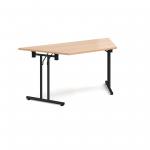 Trapezoidal folding leg table with black legs and straight foot rails 1600mm x 800mm - beech