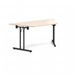 Trapezoidal folding leg table with black legs and straight foot rails 1600mm x 800mm - maple
