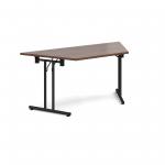 Trapezoidal folding leg table with black legs and straight foot rails 1600mm x 800mm - walnut