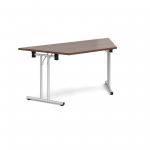 Trapezoidal folding leg table with silver legs and straight foot rails 1600mm x 800mm - walnut