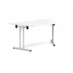 Trapezoidal folding leg table with silver legs and straight foot rails 1600mm x 800mm - white