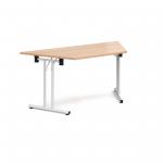 Trapezoidal folding leg table with white legs and straight foot rails 1600mm x 800mm - beech