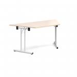 Trapezoidal folding leg table with white legs and straight foot rails 1600mm x 800mm - maple