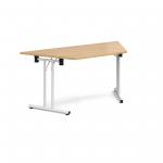 Trapezoidal folding leg table with white legs and straight foot rails 1600mm x 800mm - oak
