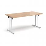 Rectangular folding leg table with white legs and straight foot rails 1600mm x 800mm - beech