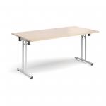 Rectangular folding leg table with white legs and straight foot rails 1600mm x 800mm - maple