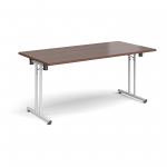 Rectangular folding leg table with white legs and straight foot rails 1600mm x 800mm - walnut