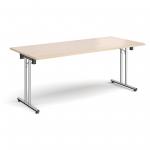 Rectangular folding leg table with chrome legs and straight foot rails 1800mm x 800mm - maple