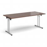 Rectangular folding leg table with chrome legs and straight foot rails 1800mm x 800mm - walnut