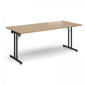 Rectangular folding leg table with black legs and straight foot rails