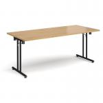 Rectangular folding leg table with black legs and straight foot rails 1800mm x 800mm - oak