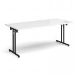 Rectangular folding leg table with black legs and straight foot rails 1800mm x 800mm - white