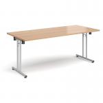 Rectangular folding leg table with silver legs and straight foot rails 1800mm x 800mm - beech