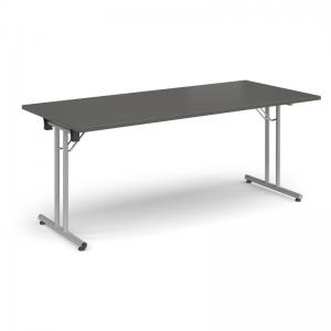 Rectangular folding leg table with silver legs and straight foot rails