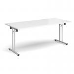 Rectangular folding leg table with silver legs and straight foot rails 1800mm x 800mm - white