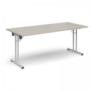 Rectangular folding leg table with white legs and straight foot rails
