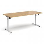 Rectangular folding leg table with white legs and straight foot rails 1800mm x 800mm - oak