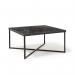 This coffee table features a sleek and modern design with a black steel frame and a Lotus wood top. The square shape adds a geometric touch, while the wood grain adds natural warmth. Perfect for any contemporary living space.