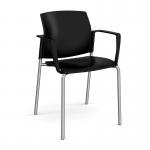 Santana 4 leg stacking chair with plastic seat and back and chrome frame and fixed arms - black