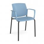 Santana 4 leg stacking chair with plastic seat and back and black frame and fixed arms - blue