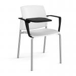 Santana 4 leg stacking chair with plastic seat and back and chrome frame with arms and writing tablet - white